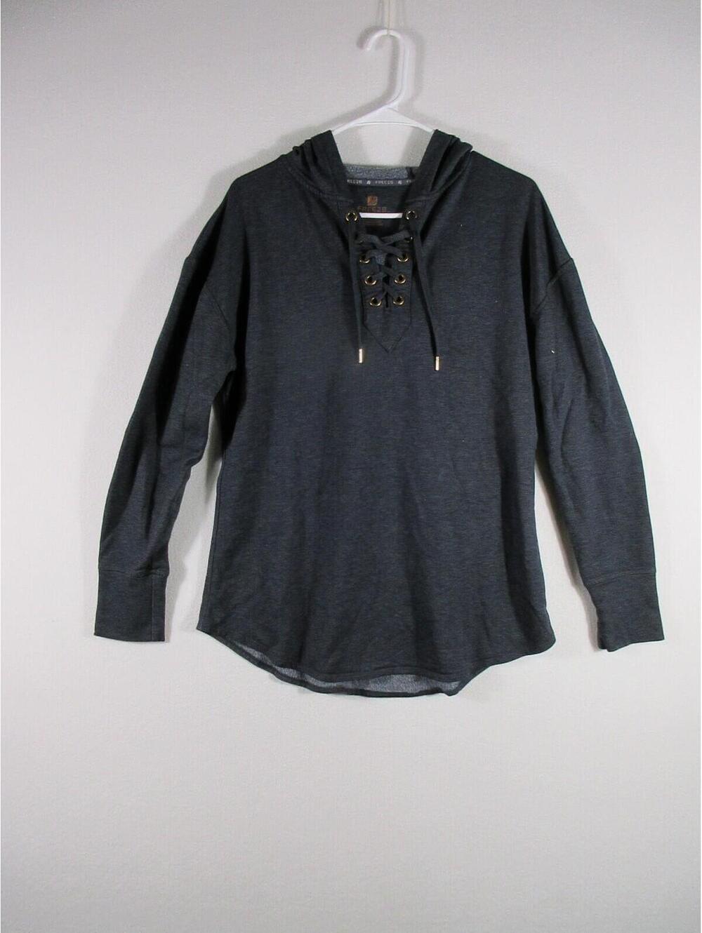 Free2B Womens Fleece Lace Up Long Hooded Sweatshirt Long Sleeve Size L Gray